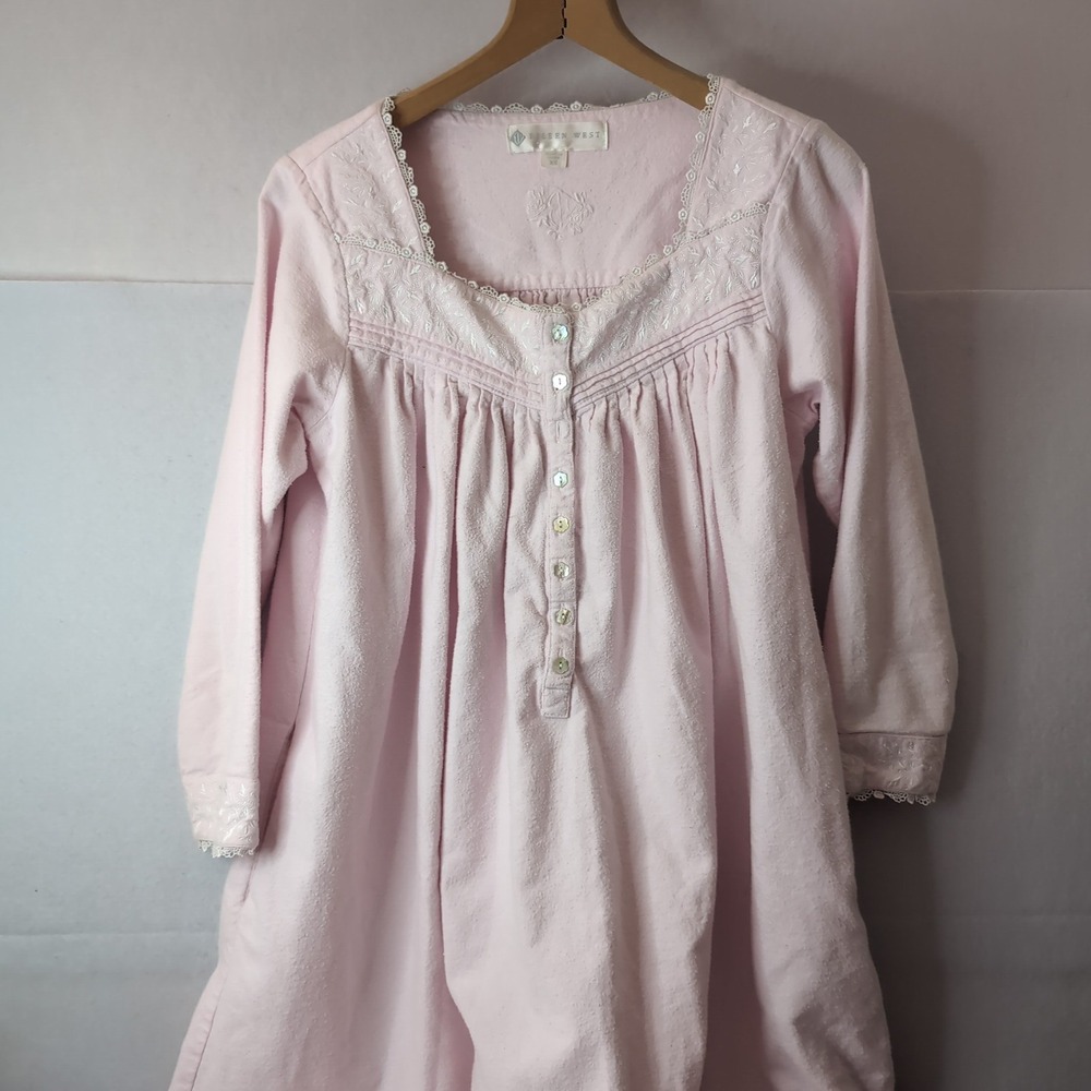 Eileen West Pink Cotton Flannel Nightgown Embroidered Lace Trim XS 50887